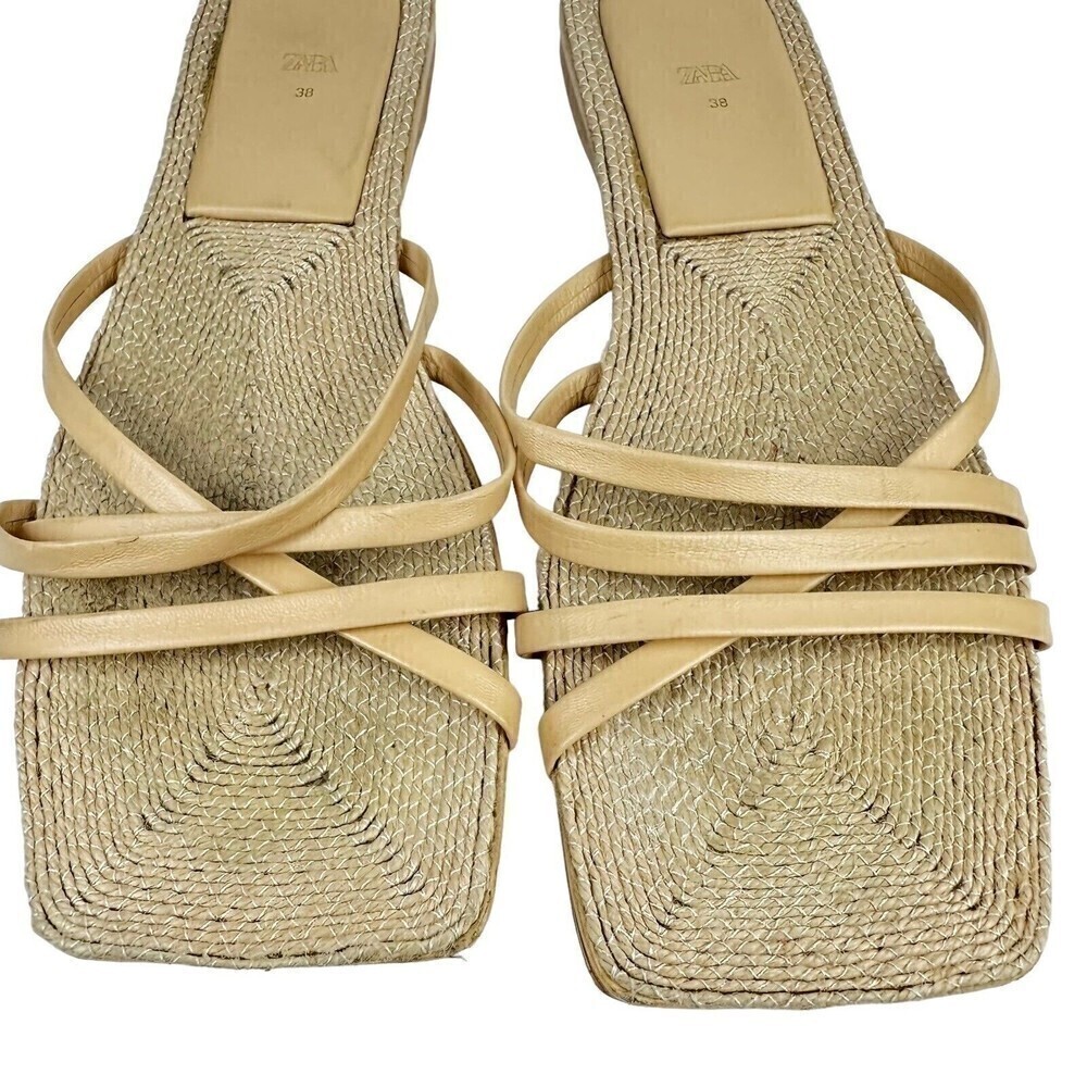 Zara Sheos Womens Size 38 Beige Square Toe Strappy Flat Sandals Jute 7.5 US READ - Picture 3 of 16